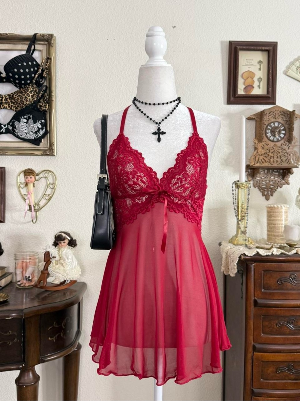 Vampy femme fatale red sheer mesh and lace slip dress